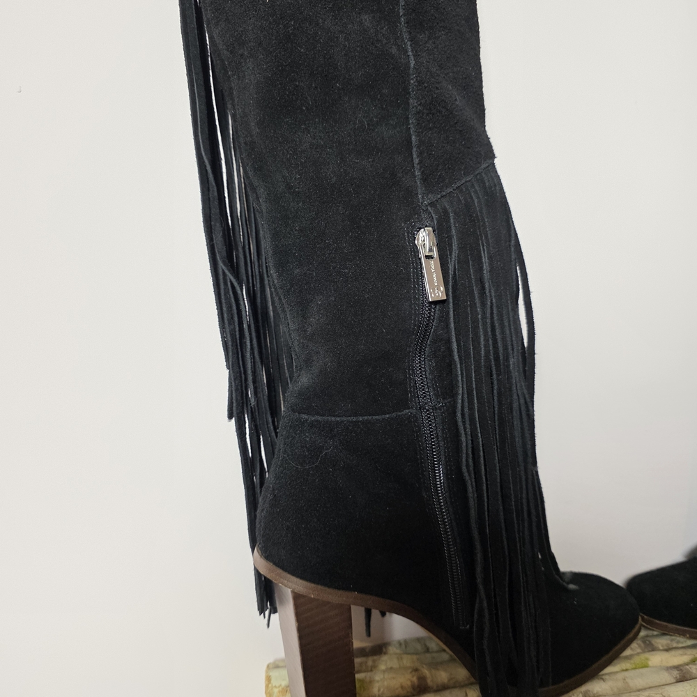 Jessica Simpson Asire Black Suede Fringe Knee High Boots 7.5 Block Heel Western - Picture 3 of 14